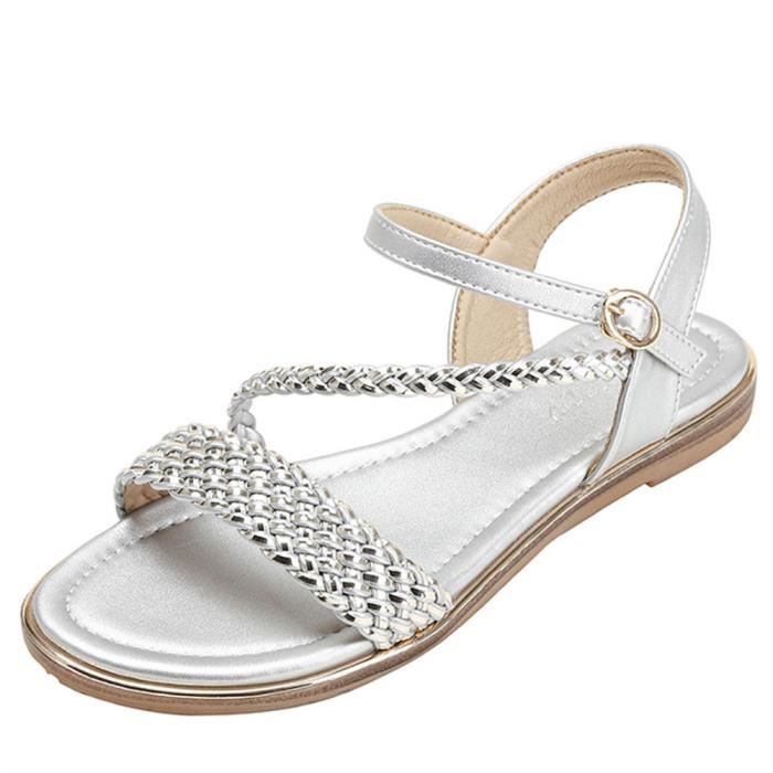 Sandales Fille Bout Ouvert Hoylson - Cuir Synthétique Avec Fleur, Semelle Antidérapante - Taille EU 21 à 37, Idéales Plage Et été