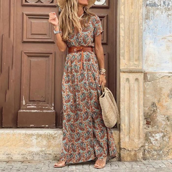 Robe Longue Style Boheme avec Col en V pour Femme Tenue elegante a Manches Courtes Imprime Grand Ourlet Pla marron yanghao Marron Cdiscount Pret a Porter