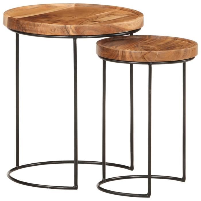 HOME® Set de Tables basses Salon Table de salon Bois dacacia massif et acier FR65697