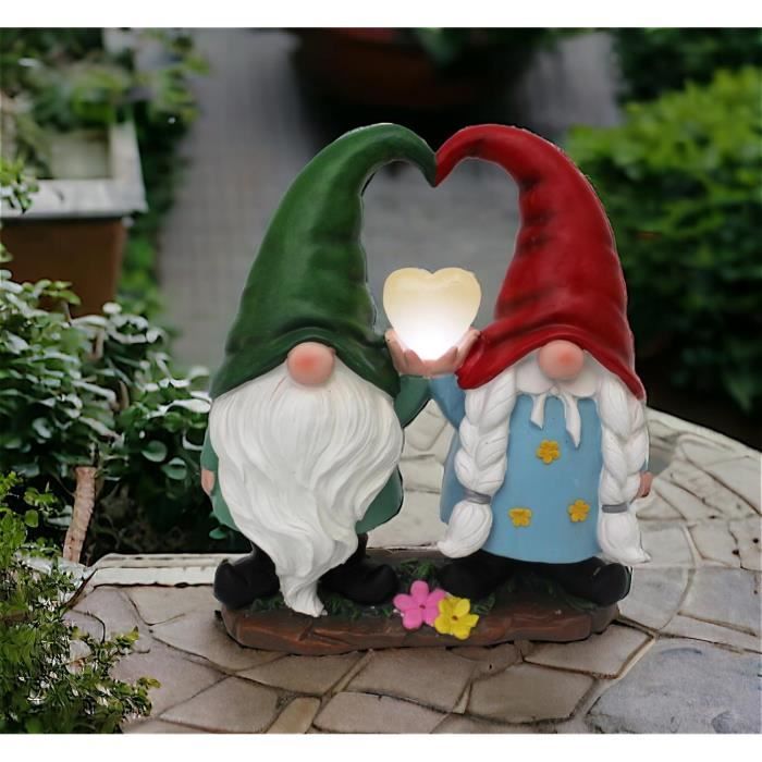 nain de jardin solaire - couple avec cœur - lutin - lampe solaire - figurine de décoration de jardin éclairée pour l'extérieur -93