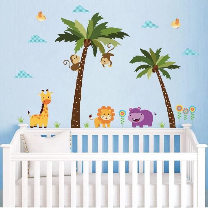 Stickers Muraux Jungle Runtoo - Déco Enfant Avec Éléphant, Girafe Et Palmier Tropical