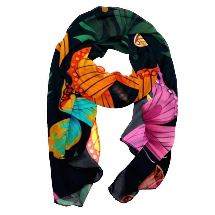 Écharpe Légère En Lin Du Xinjiang - Motif Papillon Floral Fuchsia, Vert Et Gris - 160x50 Cm
