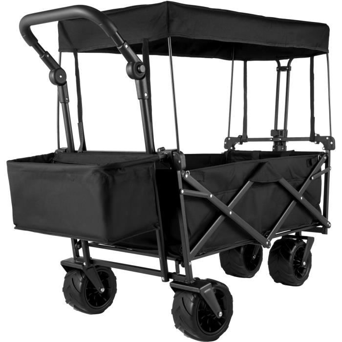 Chariot Portable Pliée avec Toit - VEVOR - Chariot de Grandes Roues en Cadre Acier - avec Panier et 2 Sacs en Filet - Noir