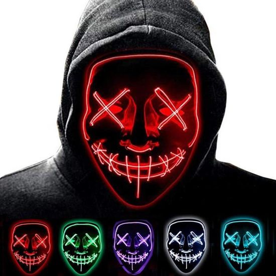 Masque Halloween LED 3 Modes Lumière - Effet Crâne Lumineux, Fête, Carnaval - Bleu Ou Violet