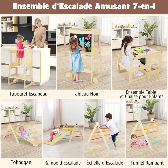 Triangle D'Escalade Montessori 7 En 1 Pliable - Double Rampe, Escabeau Avec Tableau Noir, Table Et Chaise, Tour D'Apprentissage - Pour Enfants 3-14 Ans (Naturel)