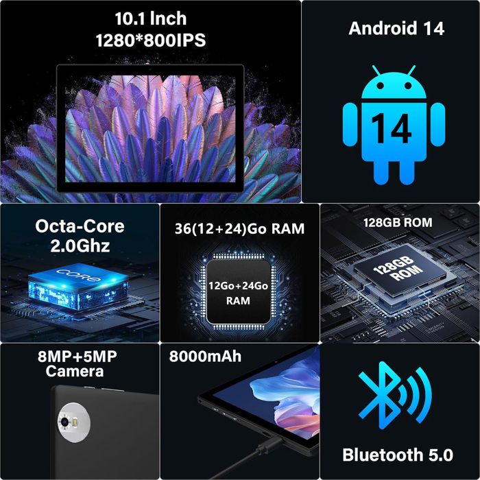 Tablette Android 14 10 Pouces 36Go RAM/128Go ROM - Kit Clavier, Souris, Stylet Et écouteurs Inclus