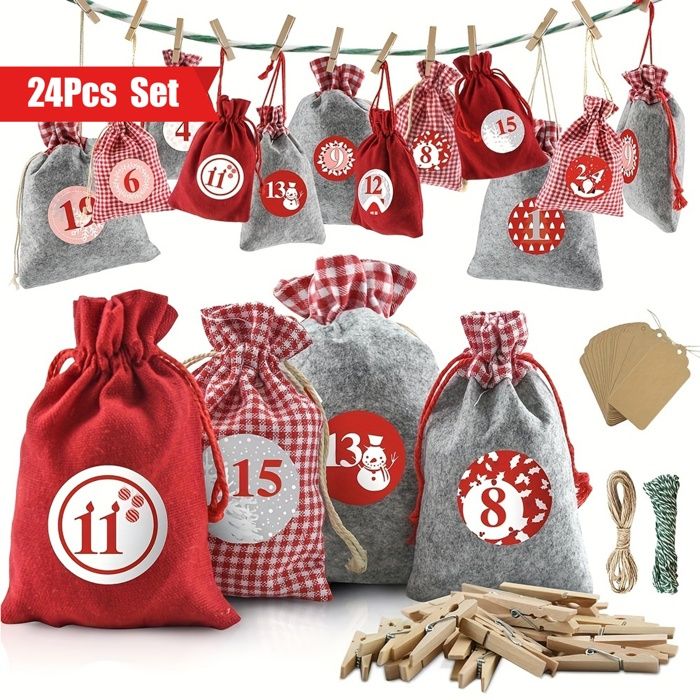 Sacs Calendrier l'Avent, 24 Sac en Tissu Calendrier de l'Avent à Remplir, DIY Noël Cadeaux Sacs, Ensemble d'Artisanat Calendriers Noël, avec Etiquettes Numériques et Clips, pour Décoration Noël