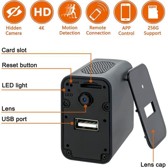 Camra Espion WiFi USB Chargeur Igzyz 4K1080P Adaptateur Camera Mini Camra  Cache avec Alarme de Dtection de Mouvement Mini cam[7310] - Cdiscount  Appareil Photo