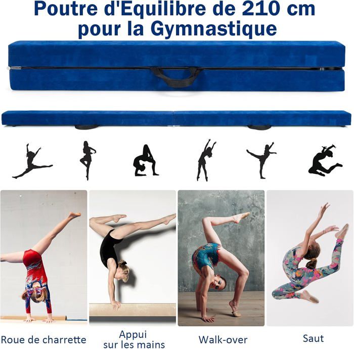 Poutre D'équilibre Réglable GOPLUS 226 Cm - 3 Hauteurs (44/51,5/59 Cm), Surface Velours Antidérapante, Capacité 100 Kg, Avec Roues