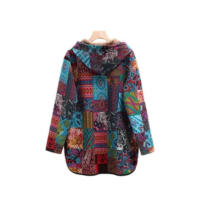 Veste Femme Automne Hiver Ethnique avec Capuche Manteau Trench Imprime Blousons d hiver Plus de Velours a Manches Longues