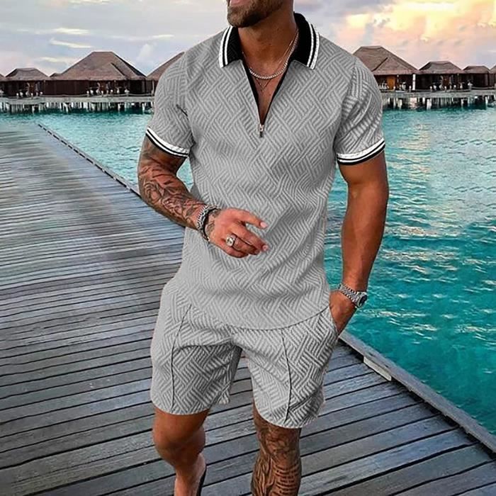 Survetement Ensemble Homme Ete Gym Sports Fitness Vetements Ensemble Homme Short T Shirt Polo Short ENSEMBLE DE VETEMENTS grey Grey Cdiscount Pret a Porter
