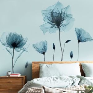 Sticker Mural Branche Fleurs Bleues Wondever - 90x30cm - Autocollant Déco Pour Chambre, Salon, Bureau