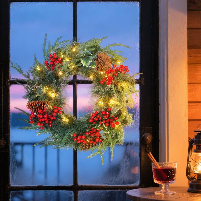 Couronne De Noël Lumineuse 60 Cm Avec 35 LED Blanc Chaud, Minuterie, 98