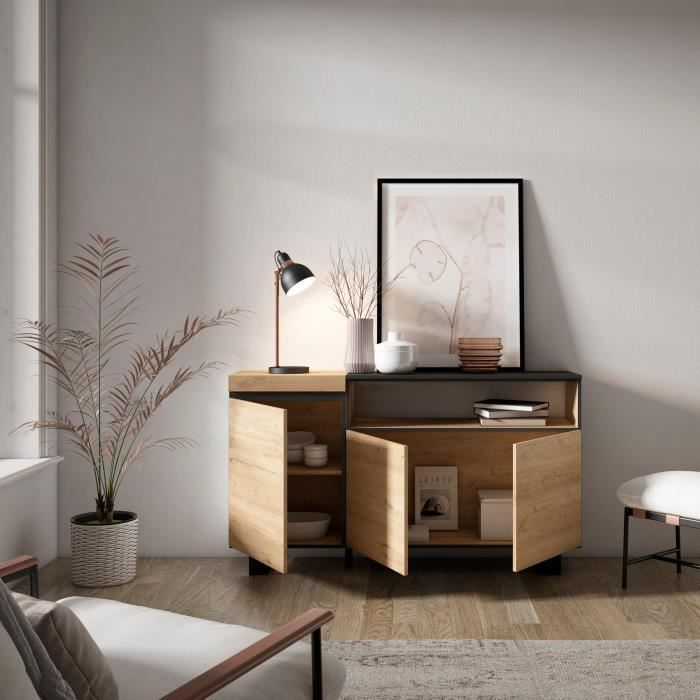 Buffet Moderne Noir 150x75x35 Cm – 3 Portes – Meuble Rangement Salon/cuisine – Skraut Home