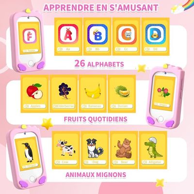 Ainiv Telephone Portable pour Enfant, Smartphone pour Enfant-Rose | Jouet d'apprentissage Electroniques Educatifs avec Carte SD 8G Podomètre Caméra Lampe Poche, Cadeau pour Enfant 4-10 Ans