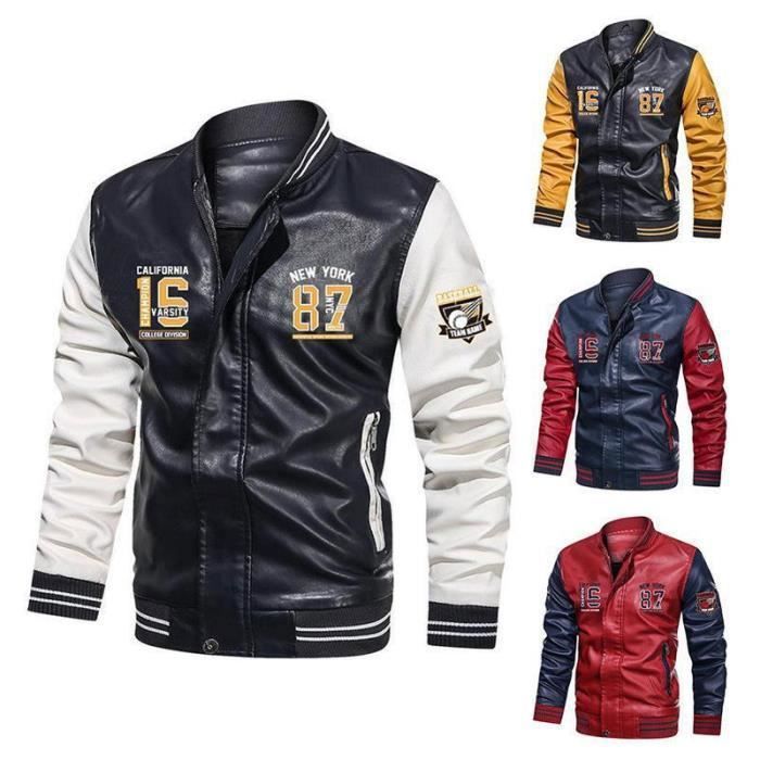 Blouson Homme en Cuir Baseball Chaud Hiver Couleurs Contrastees Veste en Cuir PU Marque Luxe Veste Homme Noir blanc Cdiscount Pret a Porter