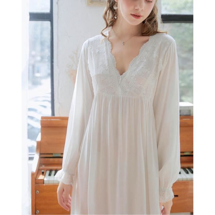 Chemise de nuit a Manches Longues pour Femmes Retro YOUCAI Blanche Dentelle Maille Coton Spandex Blanche Cdiscount Pret a Porter