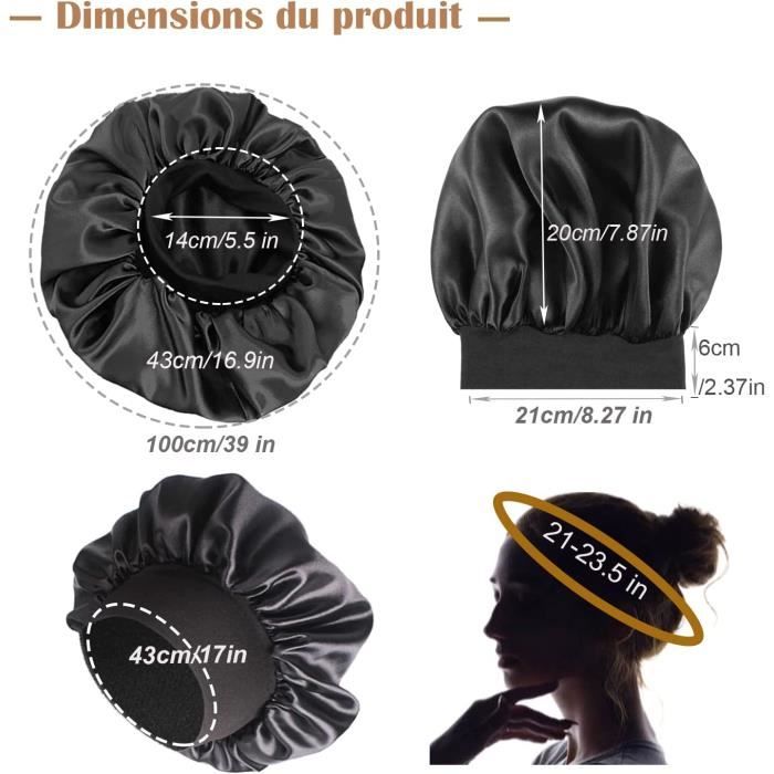 2 Pièces Bonnet Satin Cheveux Nuit,Bonnet de Sommeil Chapeau Nuit,Élastique  Soie à Large Band Réutilisable Bonnets de Nuit Doux pour Femmes (Noir +