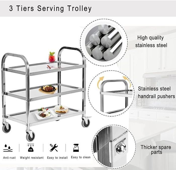 Chariot de service en inox - Desserte de cuisine - 3 Niveaux