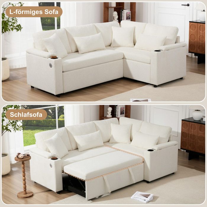 Canapé d'angle convertible l avec fonction couchage salon home cinéma gris porte-boissons larges accoudoirs ports usb usb-c coussins inclus