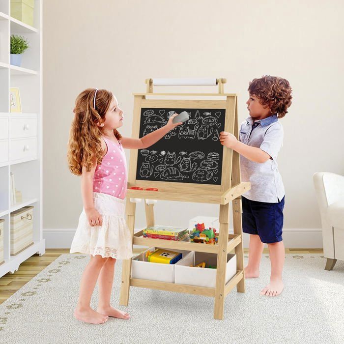 COSTWAY Chevalet Enfant Double Face – Tableau Blanc Magnétique + Noir + Parcours De Billes + Rouleau De Papier – Pliable, Réglable, 12 Accessoires – Dès 3 Ans