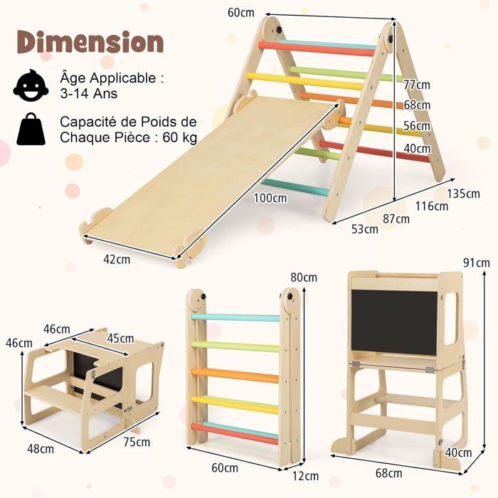 Triángulo De Escalada Montessori GOPLUS 7 En 1 Con Rampa Y Tobogán | Madera Maciza Y Pintura Segura | Carga 50 Kg Para Niños De 1 A 6 Años | Juguete Educativo