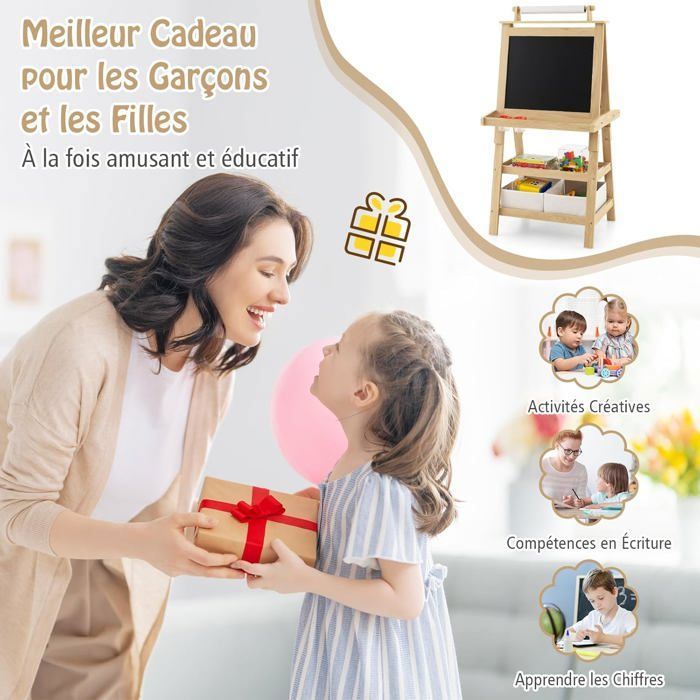 COSTWAY Bureau pour Enfants 3 Ans+ avec Chaise d'Étude, Tableau Blanc, Marqueur, Tableau d'Affichage, Bibliothèque en Bois, Gris - Maison