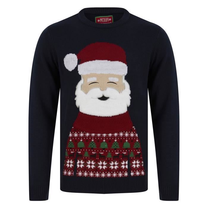 MERRY CHRISTMAS Pull de Noël Père Noël avec Lumières - Homme - Bleu marine