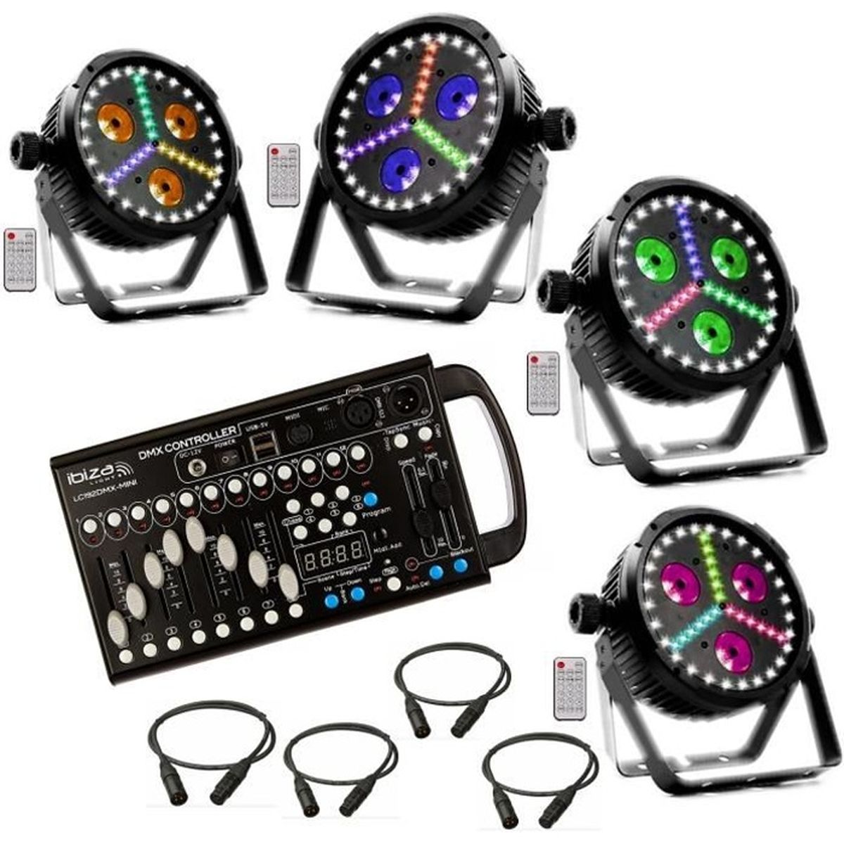 Pack Lumière Et Son Pour Soirée - 4 Projecteurs PAR Sur Support, Machine à Fumée + Liquide, 3 Effets Lumineux (strobos, Derby, Astro) - Pour Mariage, Fête, DJ