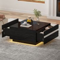 Table Basse Carrée 70x70x35 Cm Avec Plateau Verre Trempé Et LED - Creux Central, Finition Laquée Noire