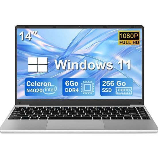 Ordinateur Portable NOTODD 14" - Celeron N4020, 6Go RAM, 256Go SSD, Win11 - WiFi 5G, HDMI - Clavier AZERTY