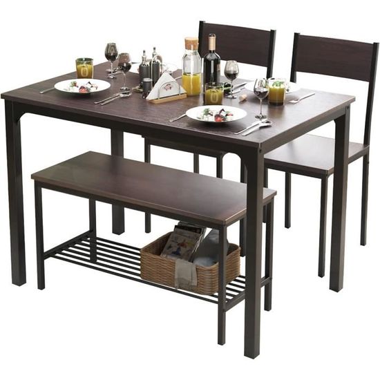COSTWAY Ensemble de Table à Manger 4 Pièces, Table à Manger Industrielle avec Banc et 2 Tabourets pour 4 Personnes, avec Structure en Métal Antirouille, pour Cuisine, Restaurant, Bar