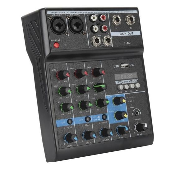 EBTOOLS Table de mixage 4 canaux Mélangeur Audio 4 Canaux Console de Mixage Stéréo USB avec Carte Son pour Maison Ordinateur
