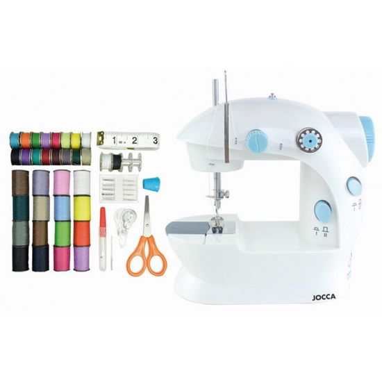 Machine à Coudre Portable Jocca - 18x20x13cm - Blanc - Avec Kit 48 Accessoires - Double Alimentation Piles/secteur