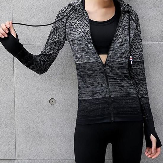 Veste a capuche avec fermeture eclair pour femme vetement de Fitness de Sport de course de Yoga avec trou pour le pouce black gray Black Cdiscount Sport