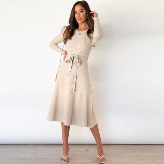 Robe Pull Femme Automne Hiver – Manches Longues, Col Rond – Avec Poches Et Boutons – Tissu Doux Et Chaud