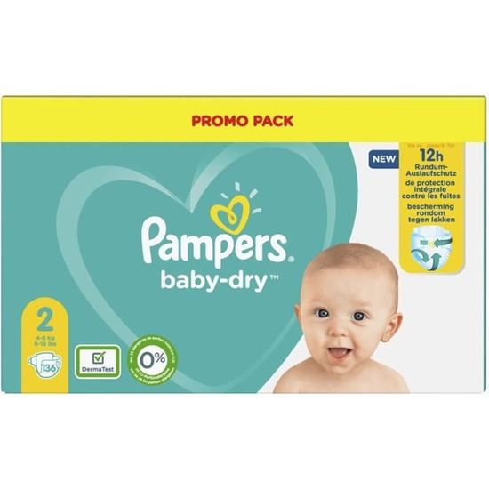 Lot de 2 - Pampers Baby-Dry Taille 2, 136 Couches - Jusqu'à 12 h de Protection - 4-8kg