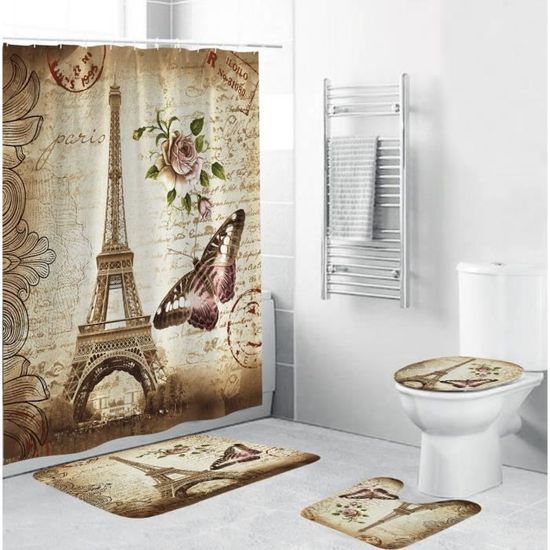 Lot De 4 Rideaux De Douche De Noël Avec Tapis – Housse De
