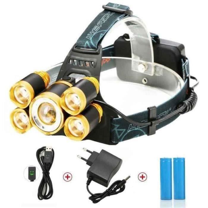 RS07152-Lampe Frontale Puissante avec 5 LED de 8000 lumens, SGODDE Lampe Torche LED Zoomable et Étanche avec 2 x 18650mAh Batter-,