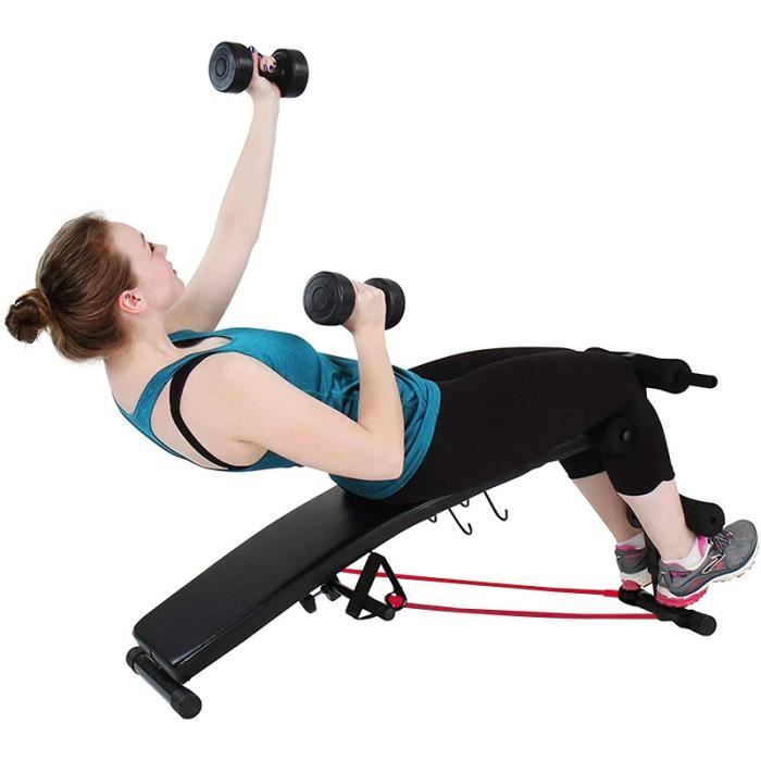 Banc de musculation abdomen et dos, avec 2 haltères + 2 cordes d'entraînement, pliable (version noire)