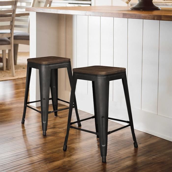 Lot de 8 Tabourets de Bar Industriel Chaise Haut Empilable en Métal Bois 31*31*66.5cm