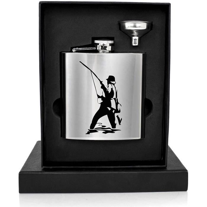 Laser Gravé 170ml Flasque en Acier Inoxydable Avec Pêcheur Design - Coffret Cadeau Et Entonnoir Inclus