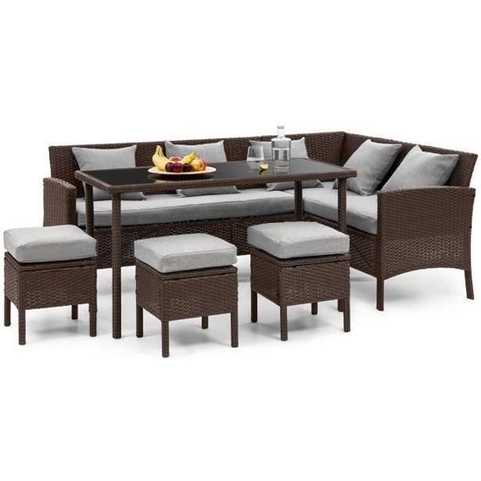 Blumfeldt Titania Lounge Salon de jardin 7 places résine tréssée - table à manger , canapé & 3 poufs - polyrotin marron & gris clair