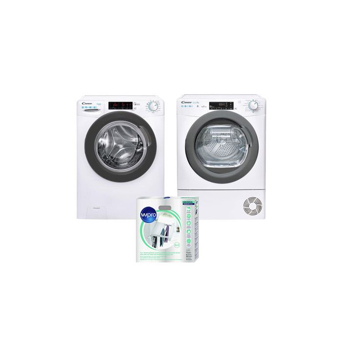 PACK CANDY Lave-linge Frontal 10kg 1400Trs/min + Sèche-linge Frontal Pompe à Chaleur + Kit De Superposition Universel 58 Blanc