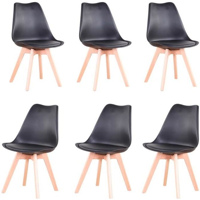 Lot de 6 Chaises Scandinaves Noir Chaise de salle à Manger Design en Similicuir et Bois Massif