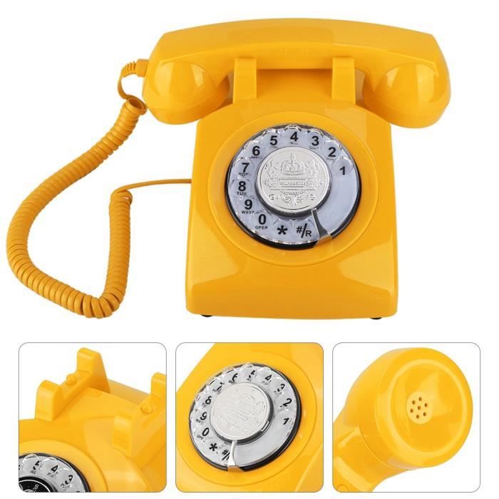 Fdit Téléphone Vintage Téléphone à Cadran Rotatif Rétro Téléphone Fixe Téléphone de Bureau (Jaune)
