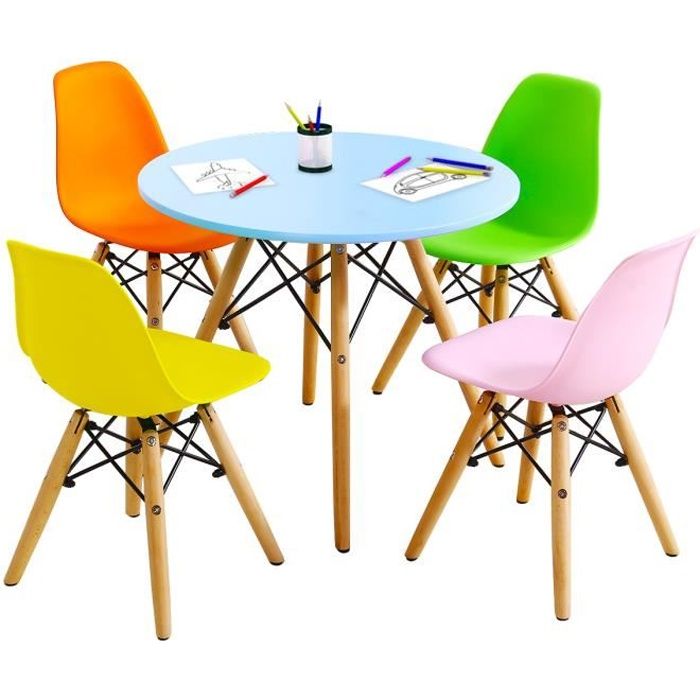 GIANTEX Ensemble de Table et 4 Chaises pour Enfant, Pieds Massifs en Bois + Fer, Idéal pour Fête et Jeux des Petits, Multicolore