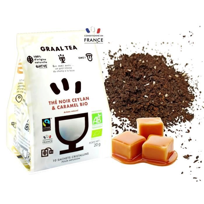 GRAALTEA - Thé Dégustation - Thé noir Ceylan & Caramel BIO en Sachet - 100% d'Origine Naturelle - Made in France - 1 Paquet x 10 Sac