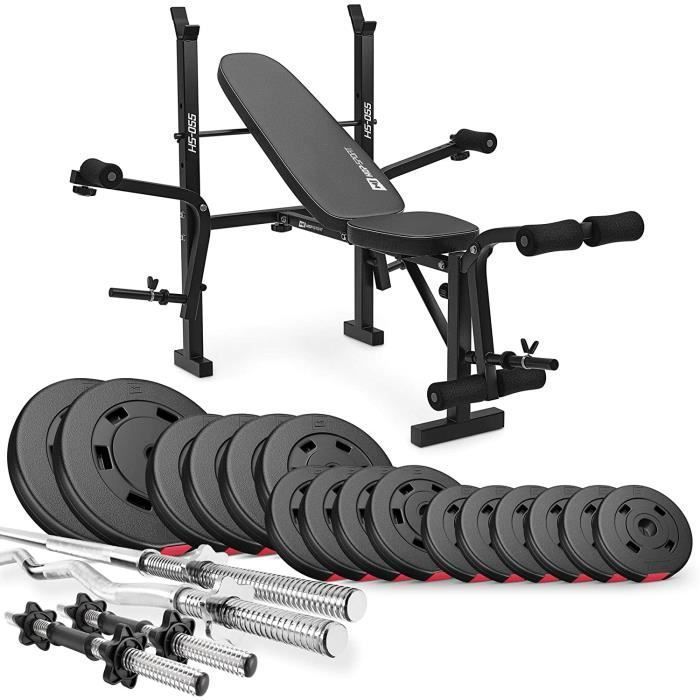 Hop-Sport Banc de Musculation HS-055 avec Barre Longue, Curl EZ et Barres Courtes Set d'haltères de 75kg