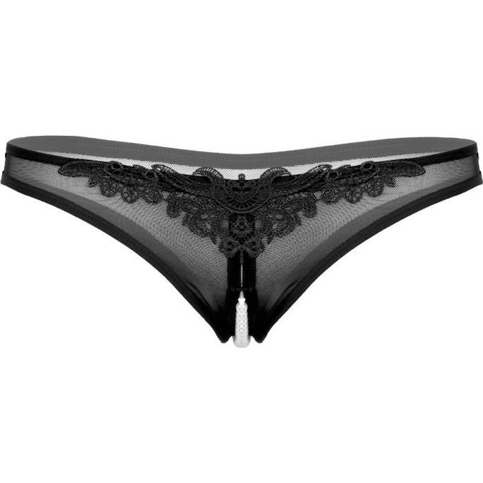 YIZYIF Femme String Sexy Ouvert Entrejambe Perle Tanga Dentelle G-string Slip Mesh Underwear Noir